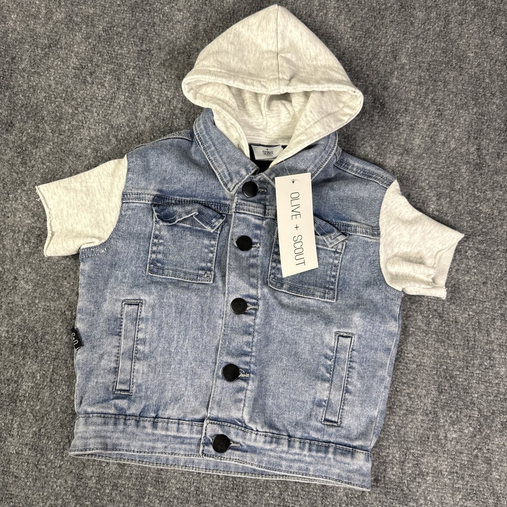 Olive & Scout Hooded Blue Denim Jean Jacket Vest 12-18 Months Short Sleeve‎